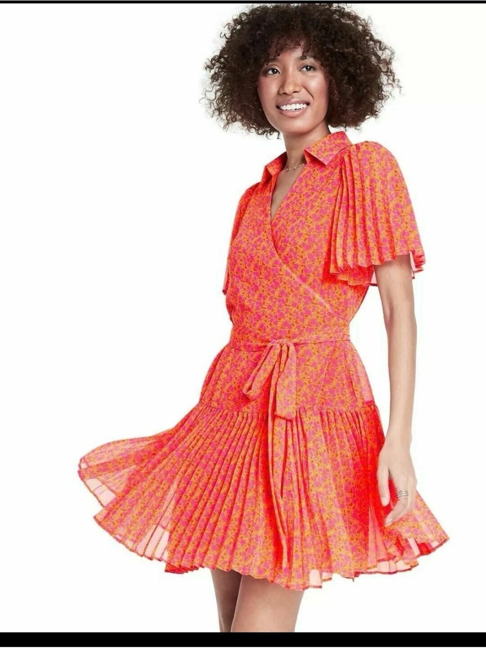 Alexis X Target Orange Pink Floral Pleated Wrap Mini Dress Size S